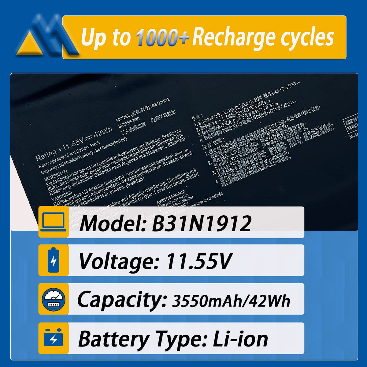 Mobik battery top label close-up highlighting 11.55V and 42Wh specs for compatibility