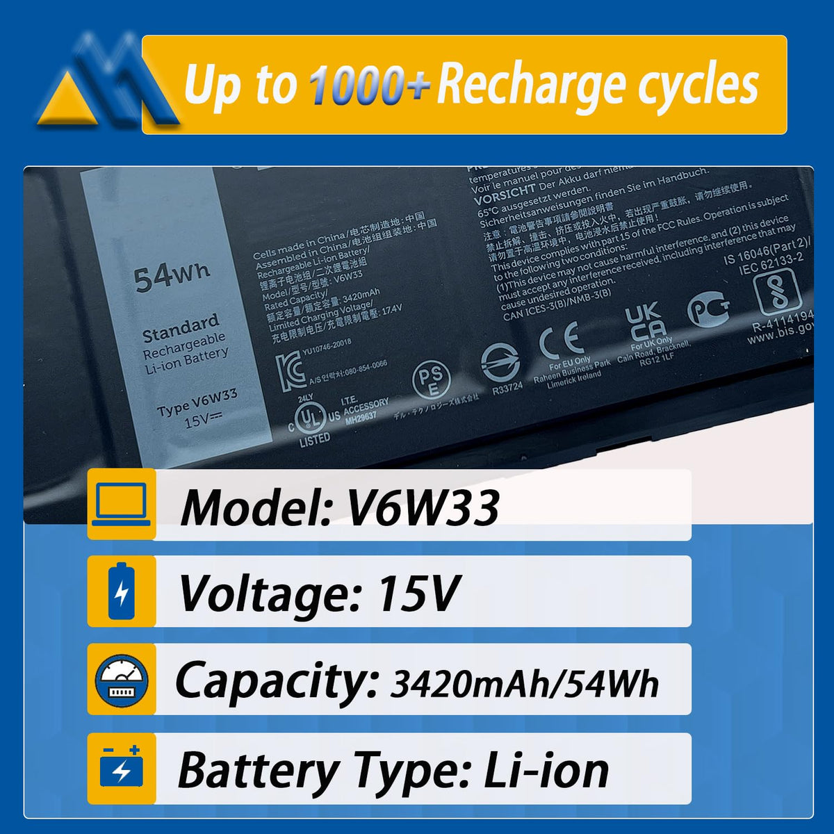 Mobik V6W33 top label closeup showing specs and certifications for safety