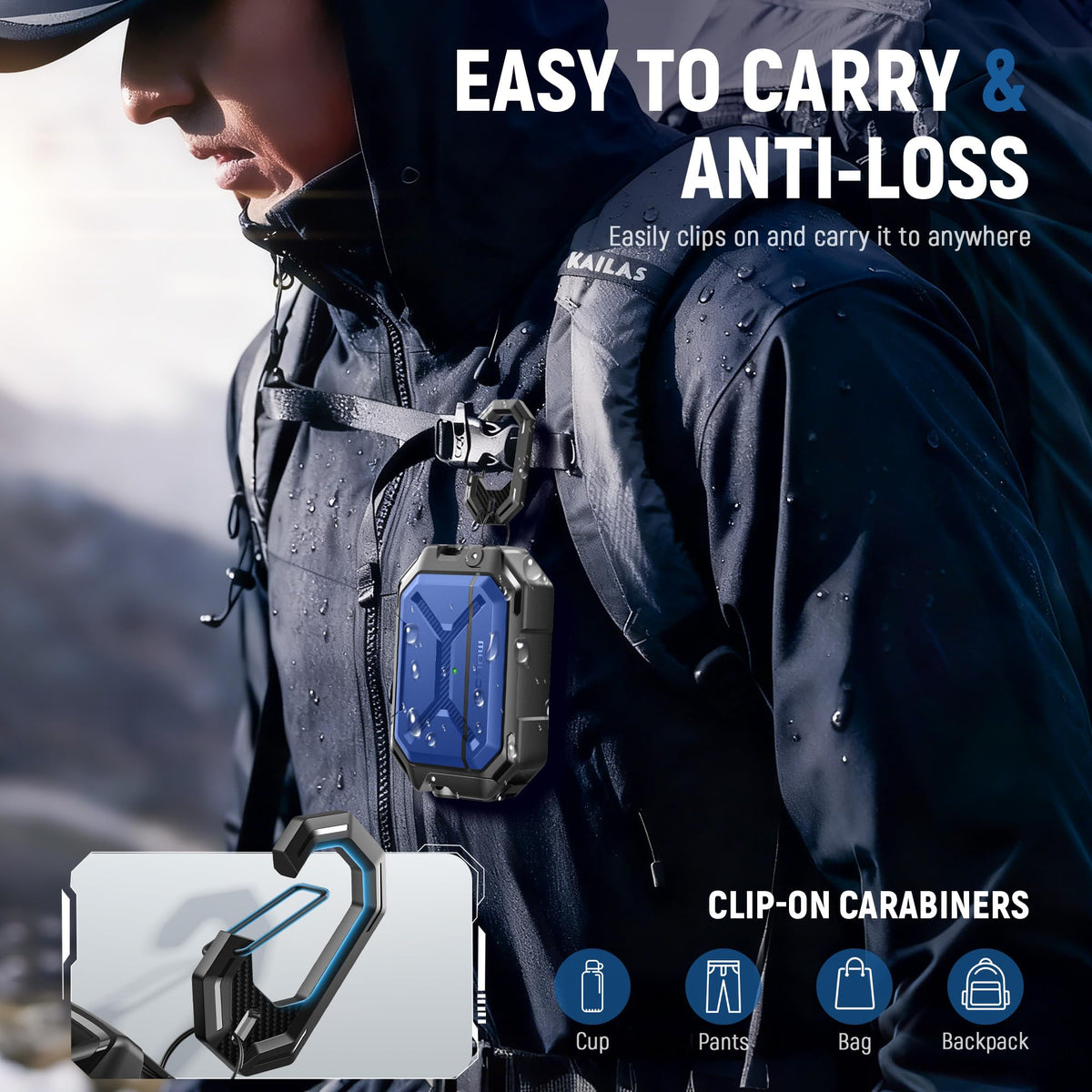 MOBOSI package contents laid out including carabiner and removal tool, shows ready-to-use convenience benefit