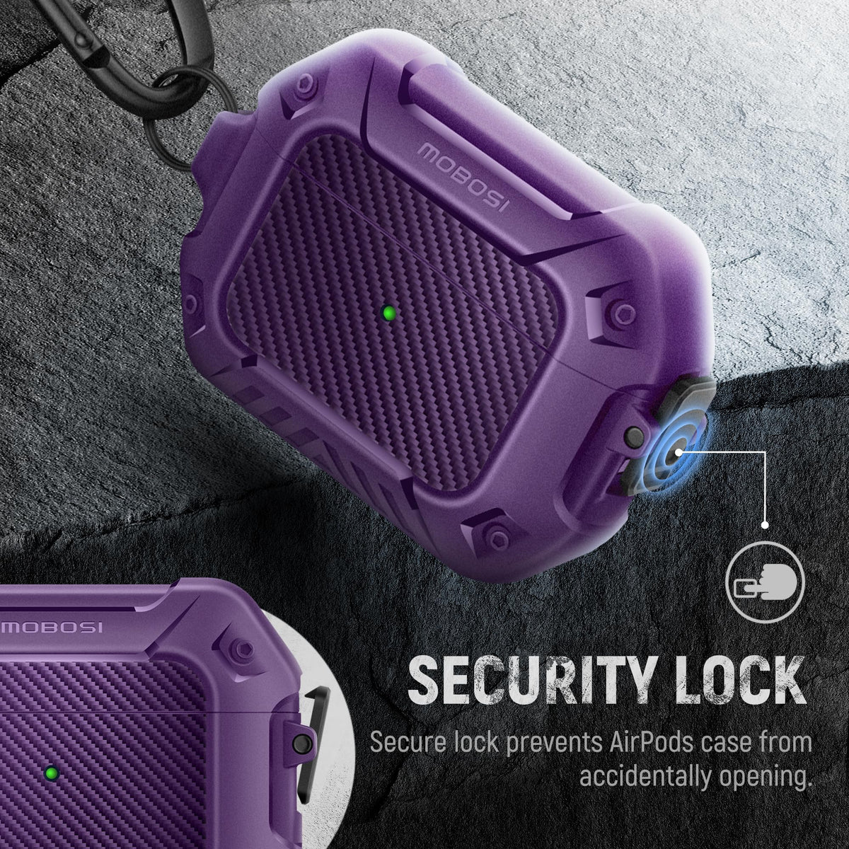 MOBOSI detachable keychain for portable, hands-free carrying.