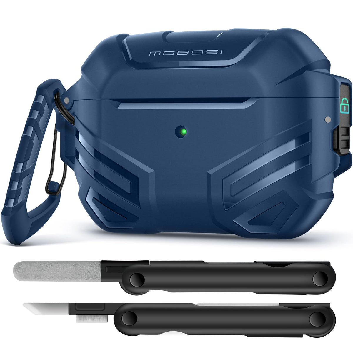 MOBOSI AirPods Pro 2 case with lock blue front view highlighting secure protection