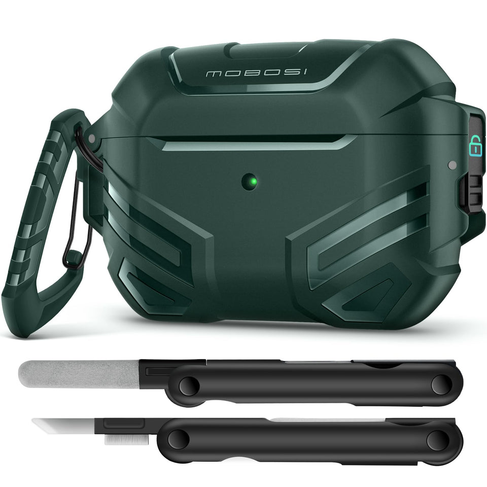 MOBOSI AirPods Pro 2 case with lock, front view keeps earbuds secure during travel.