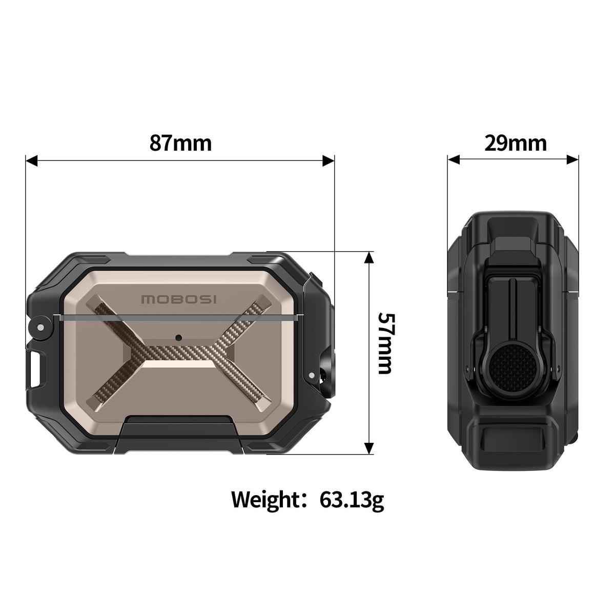 MOBOSI case clipped to backpack with carabiner for easy transport and loss prevention