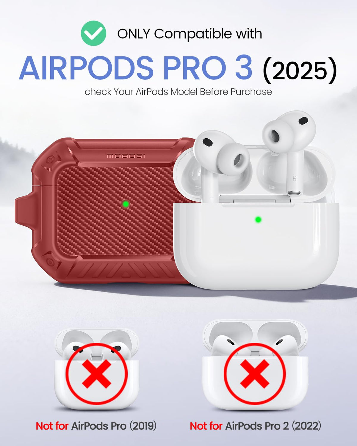 MOBOSI AirPods Pro 3 case back view highlights shockproof shell