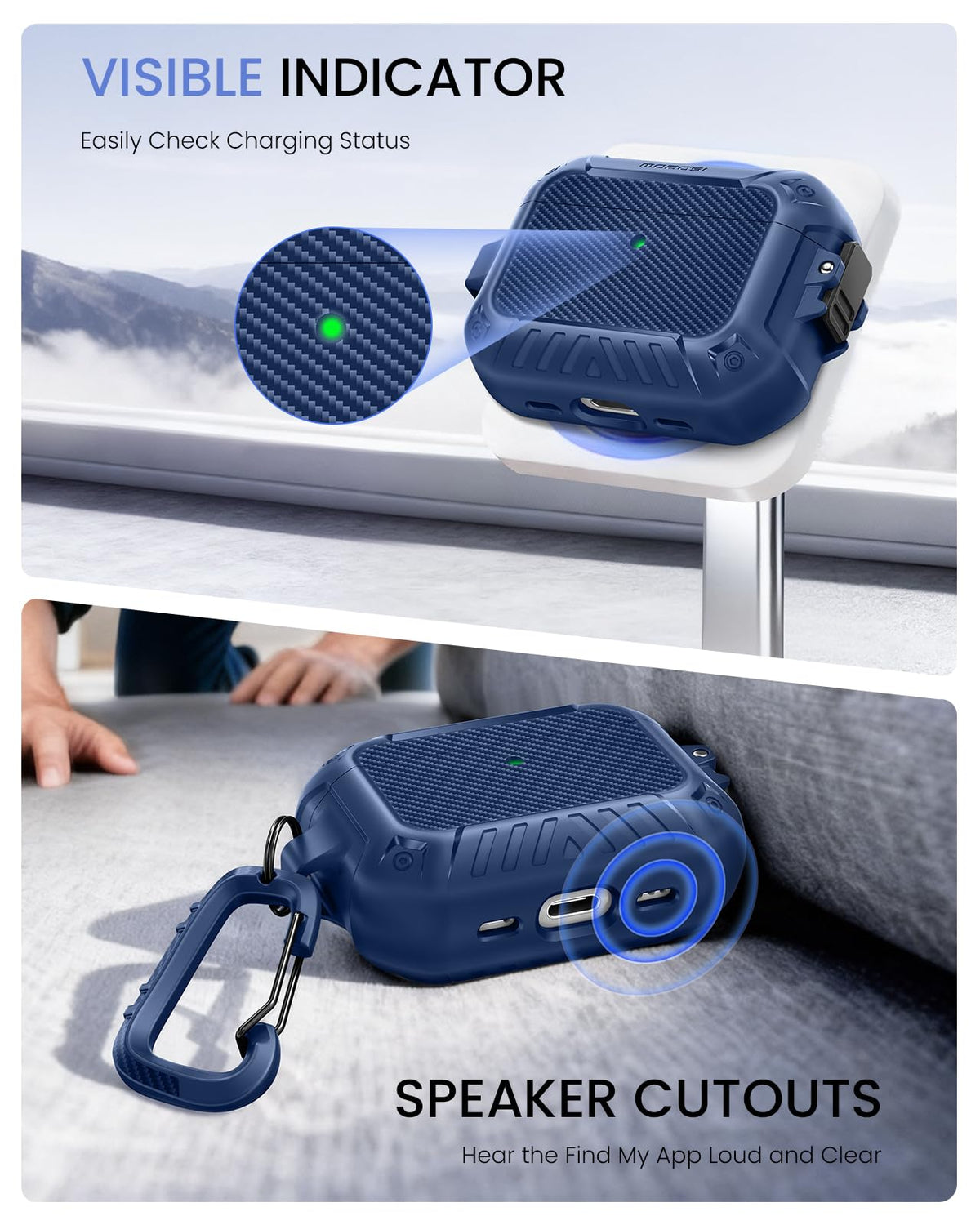 MOBOSI AirPods Pro 3 Case Blue, detachable keychain for easy transport.