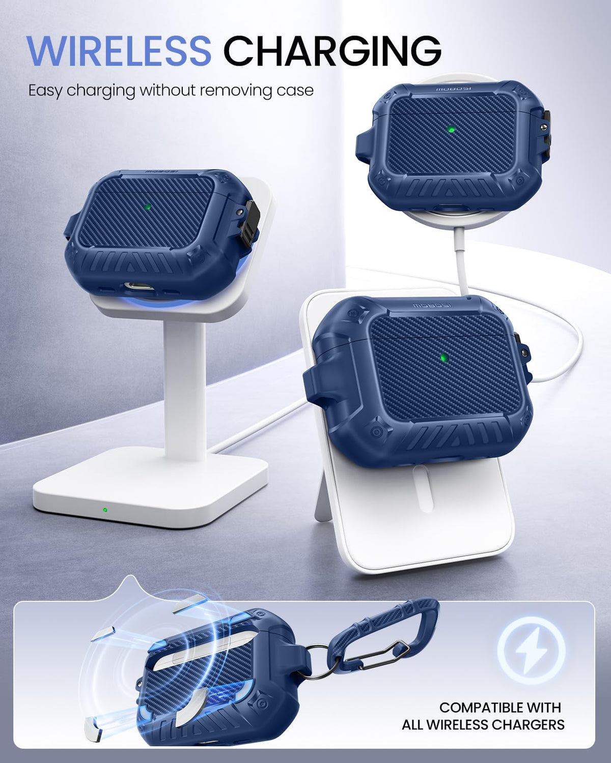 MOBOSI AirPods Pro 3 Case Blue, locking lid with magnetic closure for easy access.