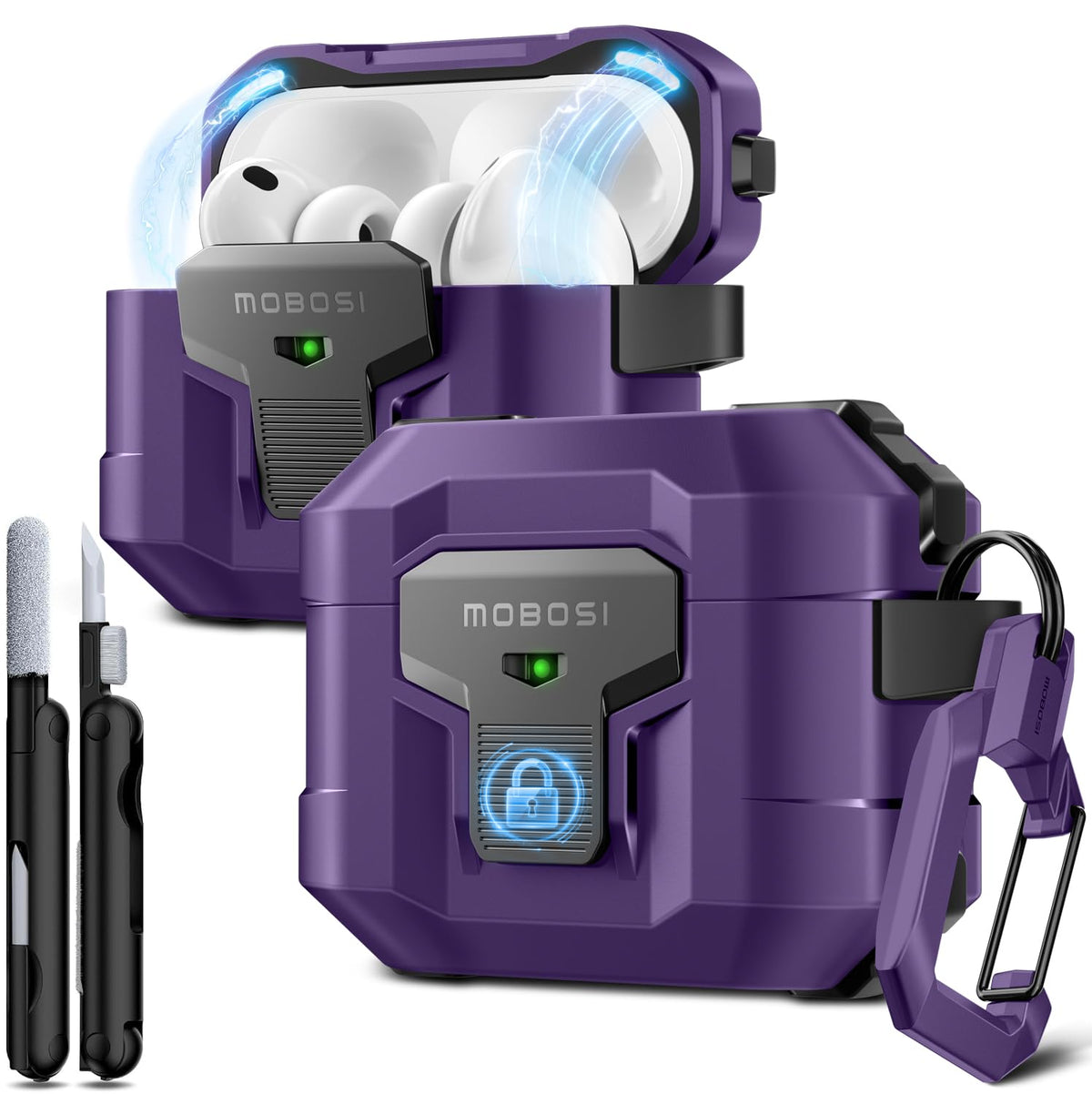 MOBOSI AirPods Pro 3 case front view with drop-proof protection and visible LED indicator.