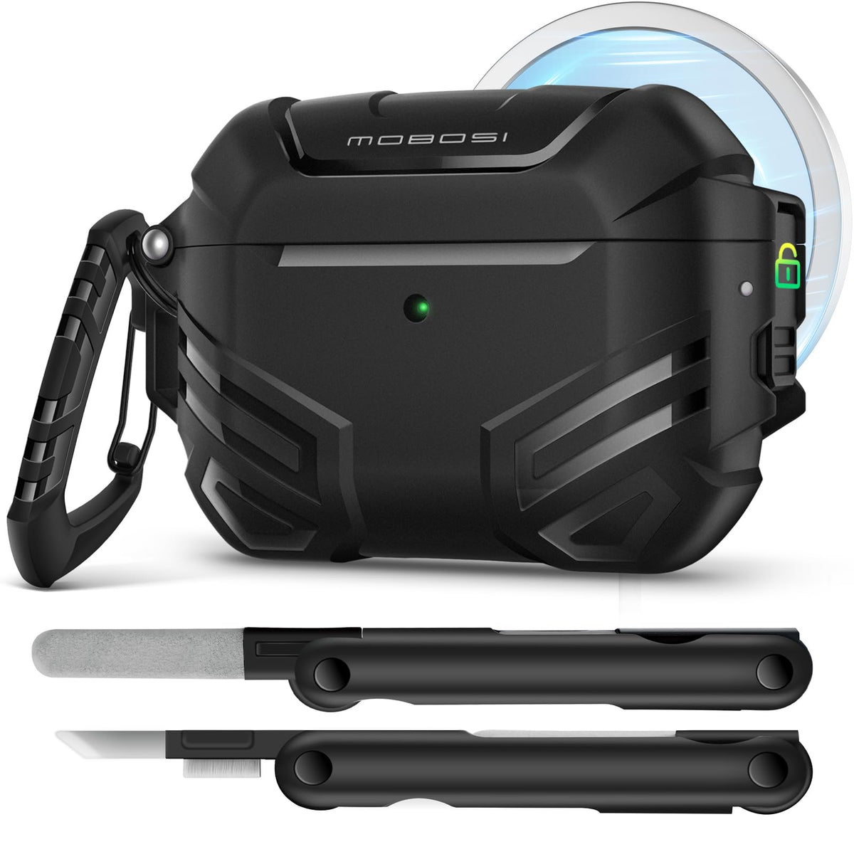 MOBOSI AirPods Pro 3 case lock closeup shows secure closure.