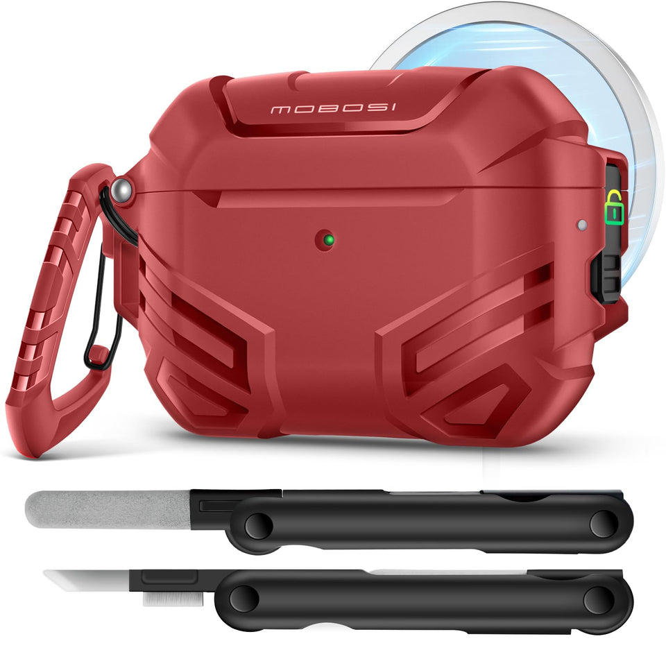 Mobosi AirPods Pro 3 case with lock in red, close-up shielded edge