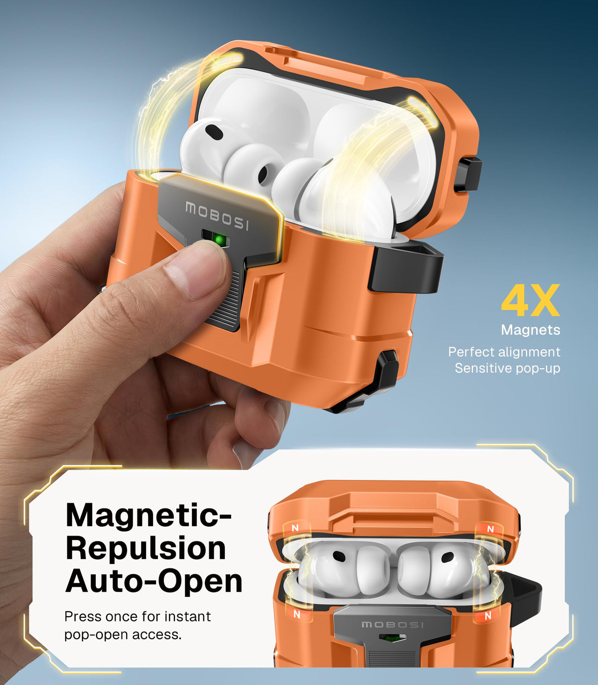 MOBOSI AirPods Pro 3 orange case 360° protection against drops and scrapes.