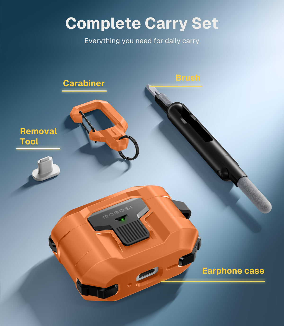 MOBOSI AirPods Pro 3 orange case rugged shell protects against scratches.