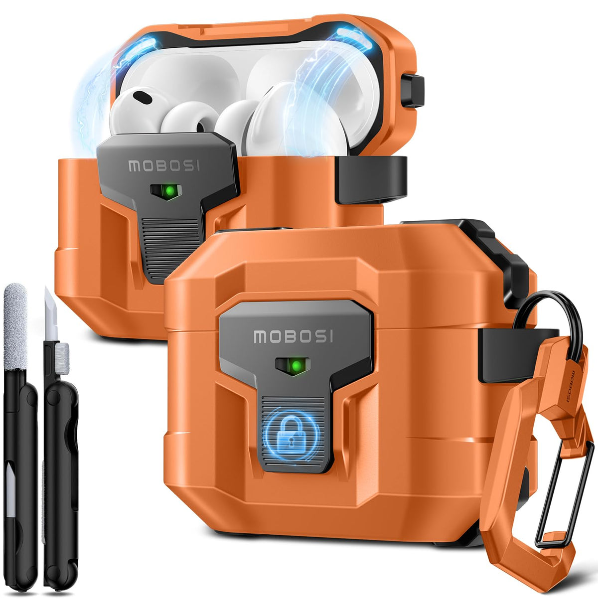 MOBOSI AirPods Pro 3 orange case front view with MagSafe compatibility and protection.