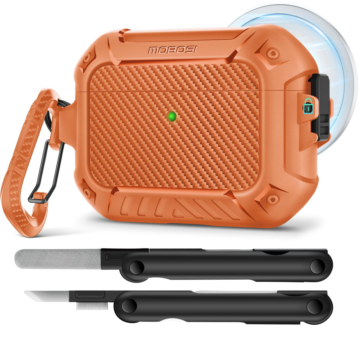 MOBOSI AirPods Pro 3 Case Orange front view showing rugged protection.
