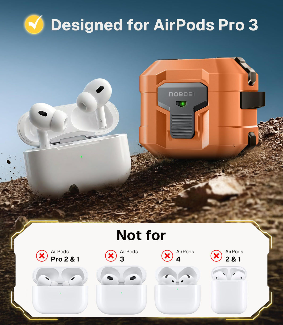 MOBOSI AirPods Pro 3 orange case magnetic lock keeps earbuds secure.