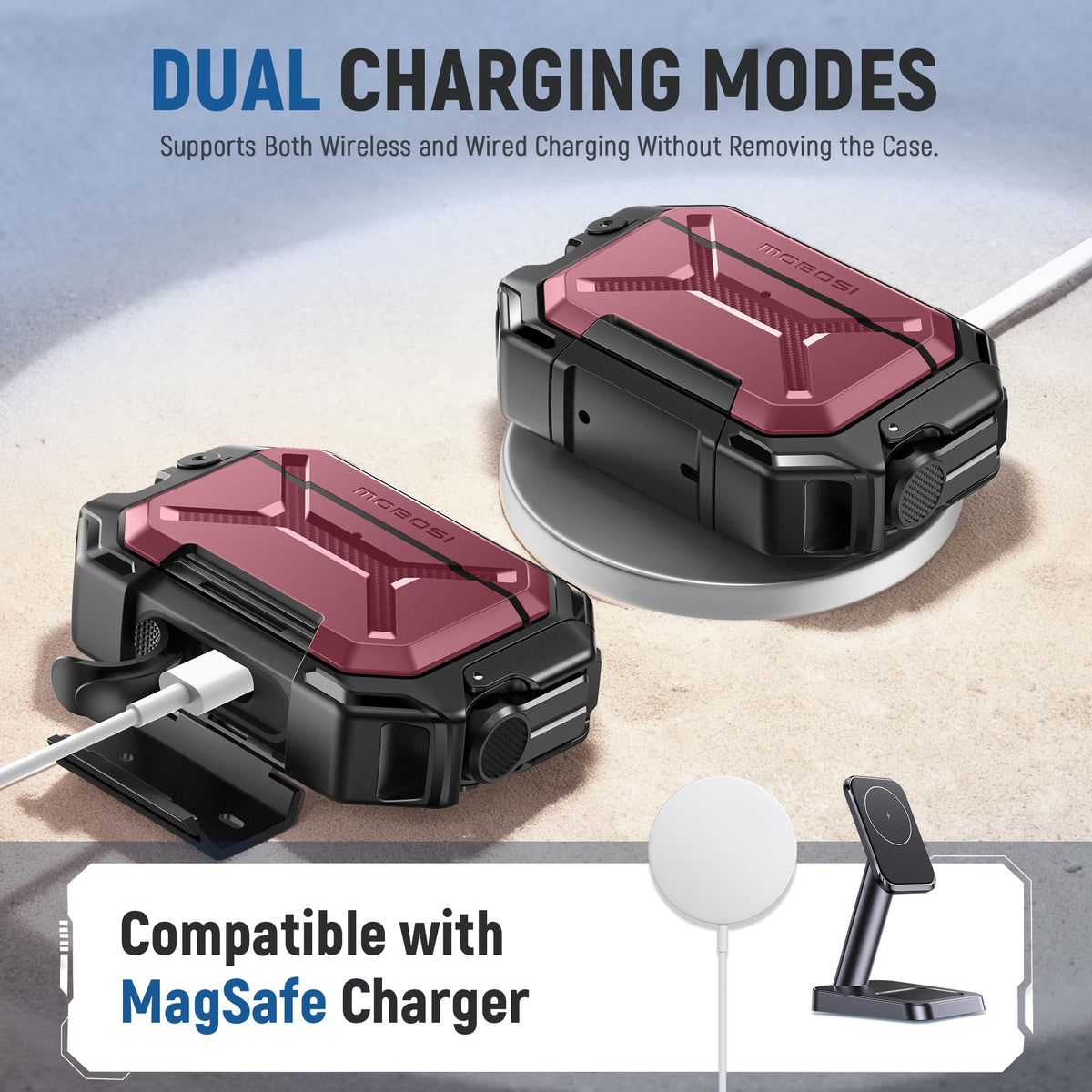 MOBOSI IP68 case secure fliplock highlighting durable protection.