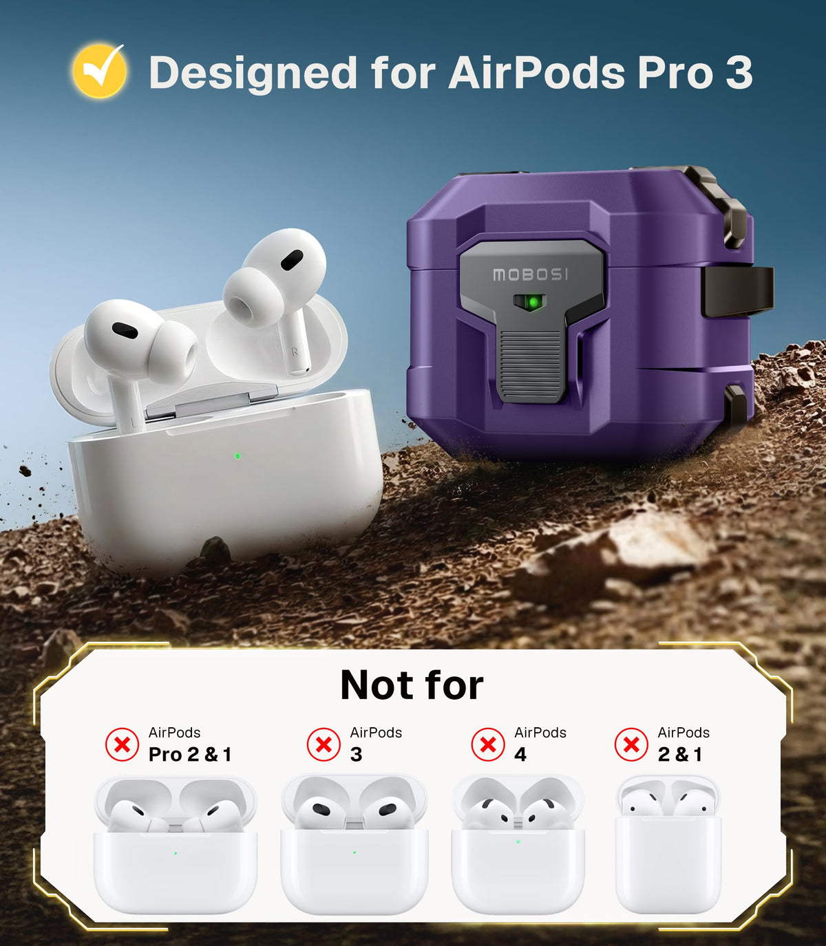 MOBOSI AirPods Pro 3 case side lock demonstrates magnetic latch for one-handed use.