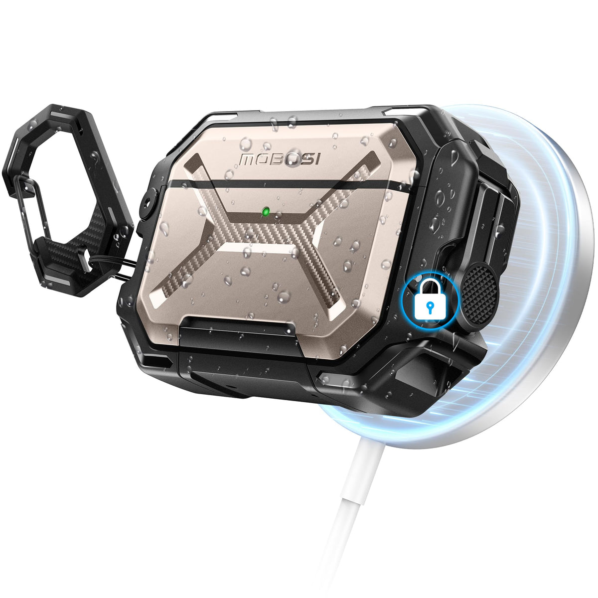 MOBOSI front packaging showing champagne case and included accessories for secure carry