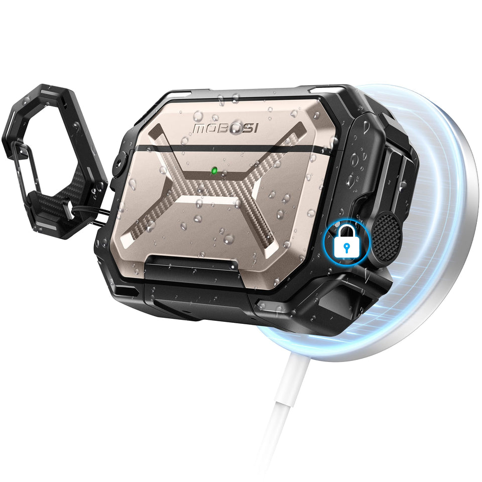 MOBOSI front packaging showing champagne case and included accessories for secure carry