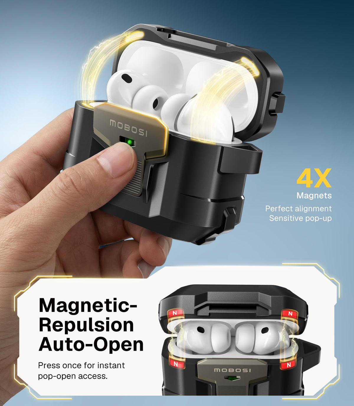 MOBOSI AirPods Pro 3 case with MagSafe compatibility and visible LED indicator