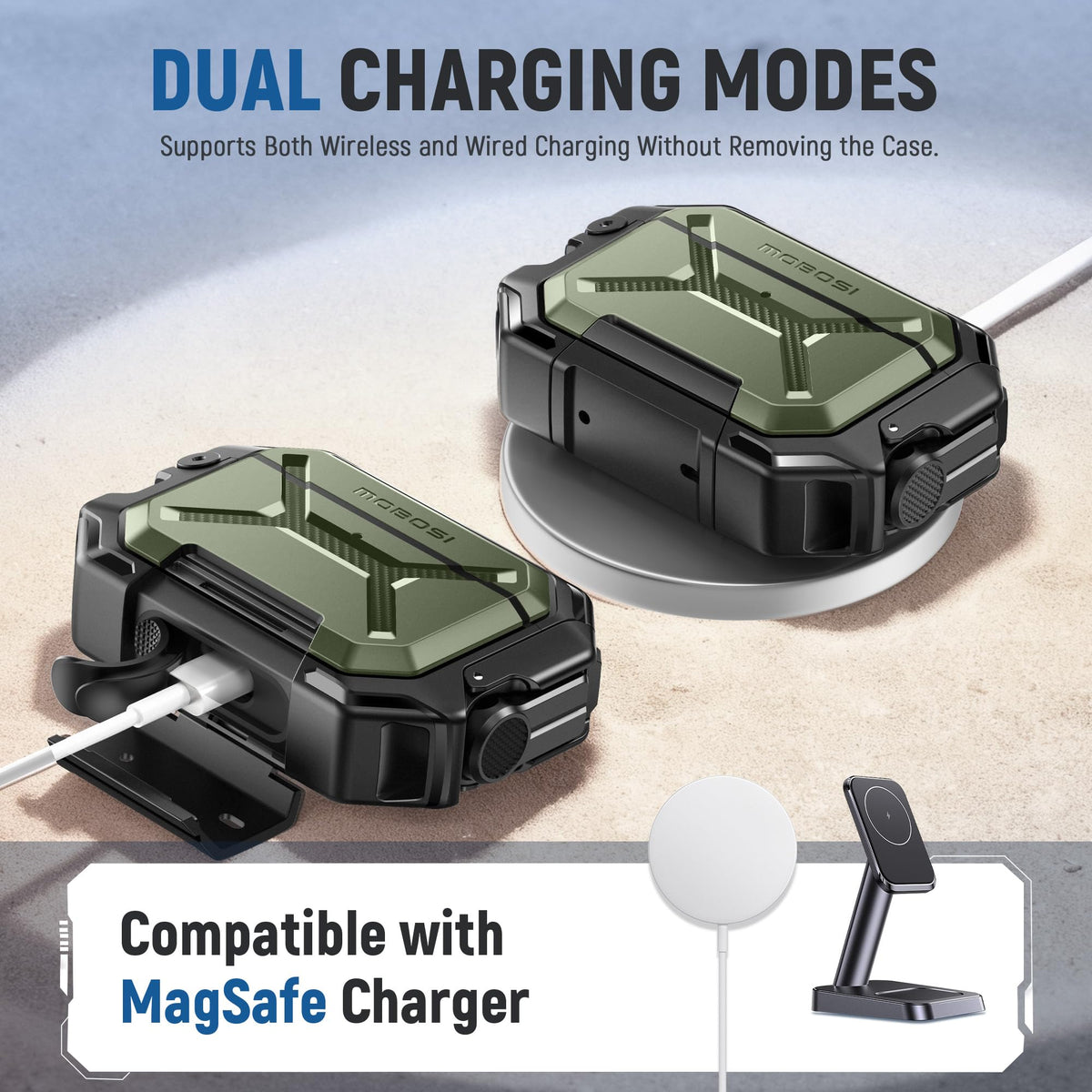 MOBOSI back showing MagSafe alignment and wireless charging benefit