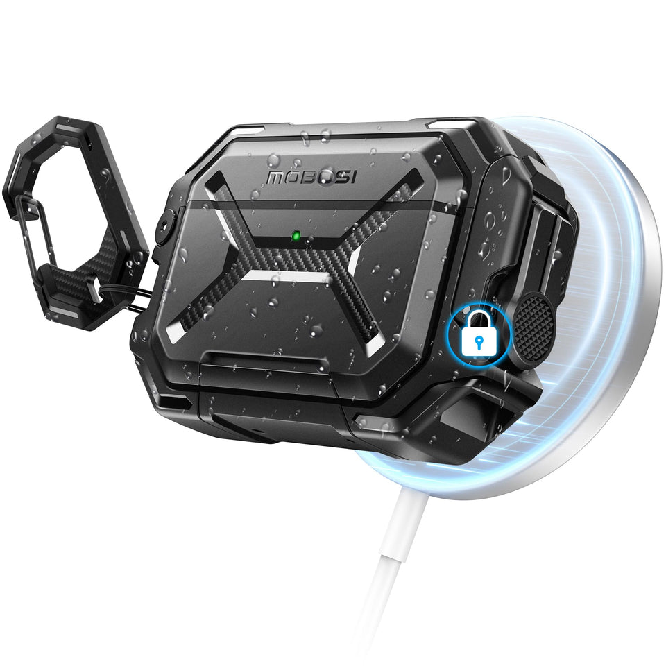 MOBOSI front view of case on AirPods Pro 3 showing secure fit and protection