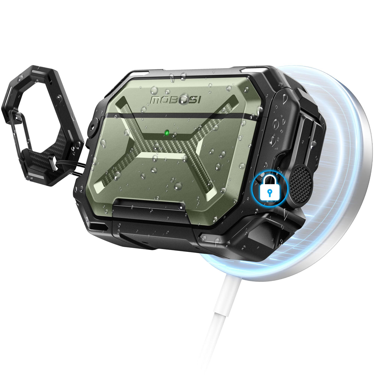 MOBOSI front view showing full green protective case and charging access benefit