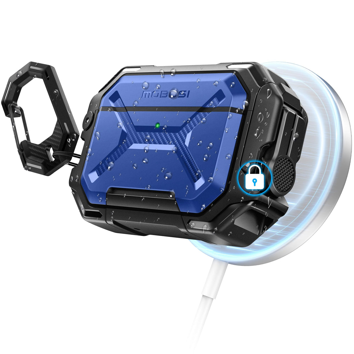 MOBOSI front view showing royal blue protective case, highlights weatherproof protection