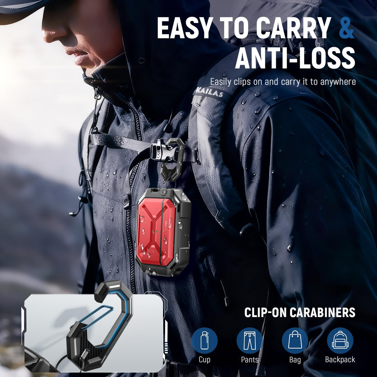 MOBOSI included accessories displayed showing carabiner and removal tool benefit