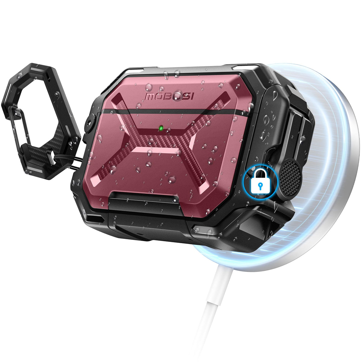 MOBOSI IP68 AirPods Pro 3 case front view with rugged protection and MagSafe compatibility.