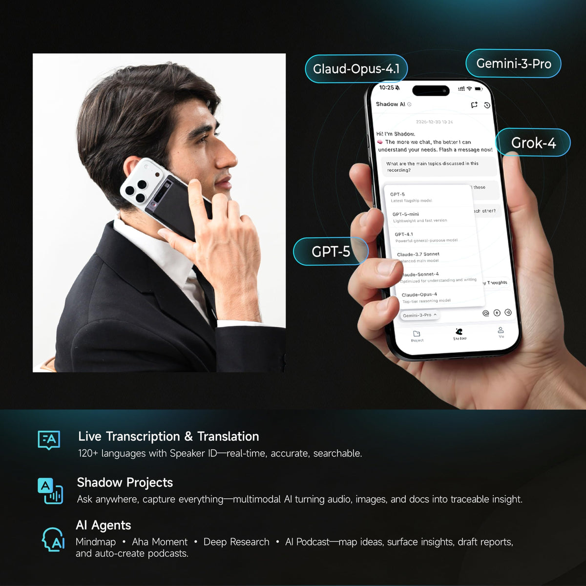 Mobvoi TicNote Shadow three-mic array with AI noise cancellation for clear in-person notes.