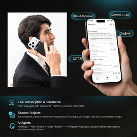 Mobvoi TicNote Shadow three-mic array with AI noise cancellation for clear in-person notes.