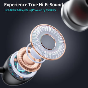 MOCANIO secure magnetic earbuds snap together when not in use for convenience.