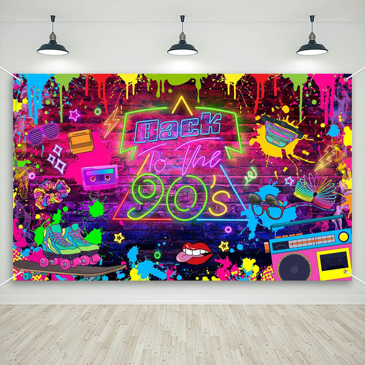 Mocsicka front view of 90s backdrop showing bold graffiti graphics and vibrant colors for party impact