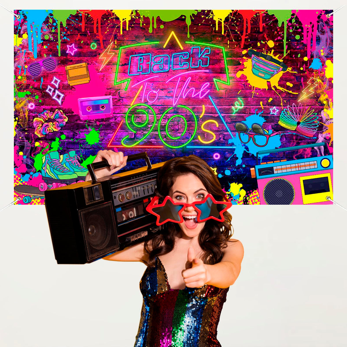 Mocsicka backdrop set up in a photo booth demonstrating bright 1990s styling for memorable pictures
