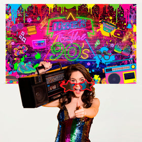 Mocsicka backdrop set up in a photo booth demonstrating bright 1990s styling for memorable pictures