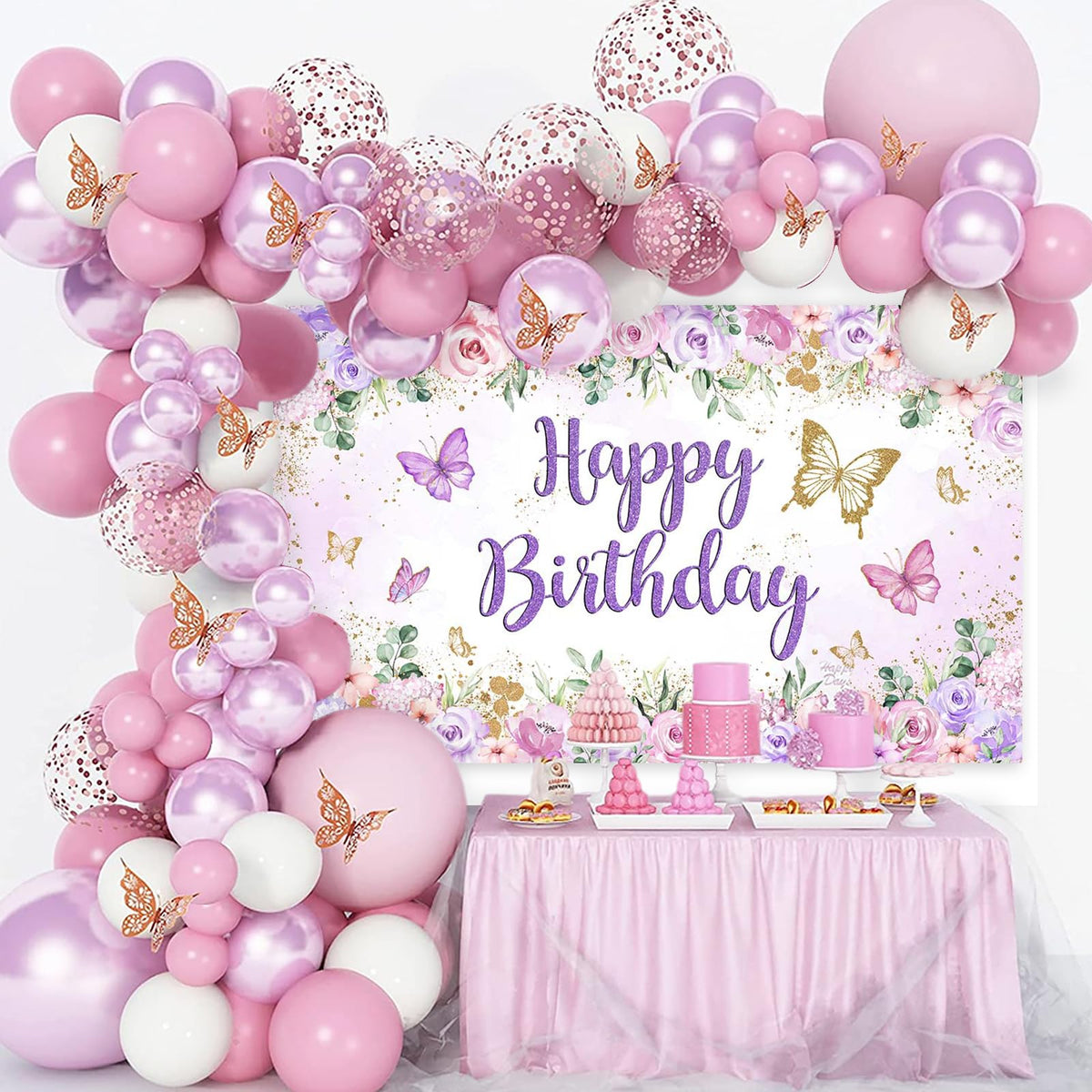 Mocsicka butterfly banner purple birthday scene backdrop for photos
