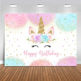 Mocsicka unicorn backdrop front view showing pastel rainbow and Happy Birthday benefit: eye-catching party focal point