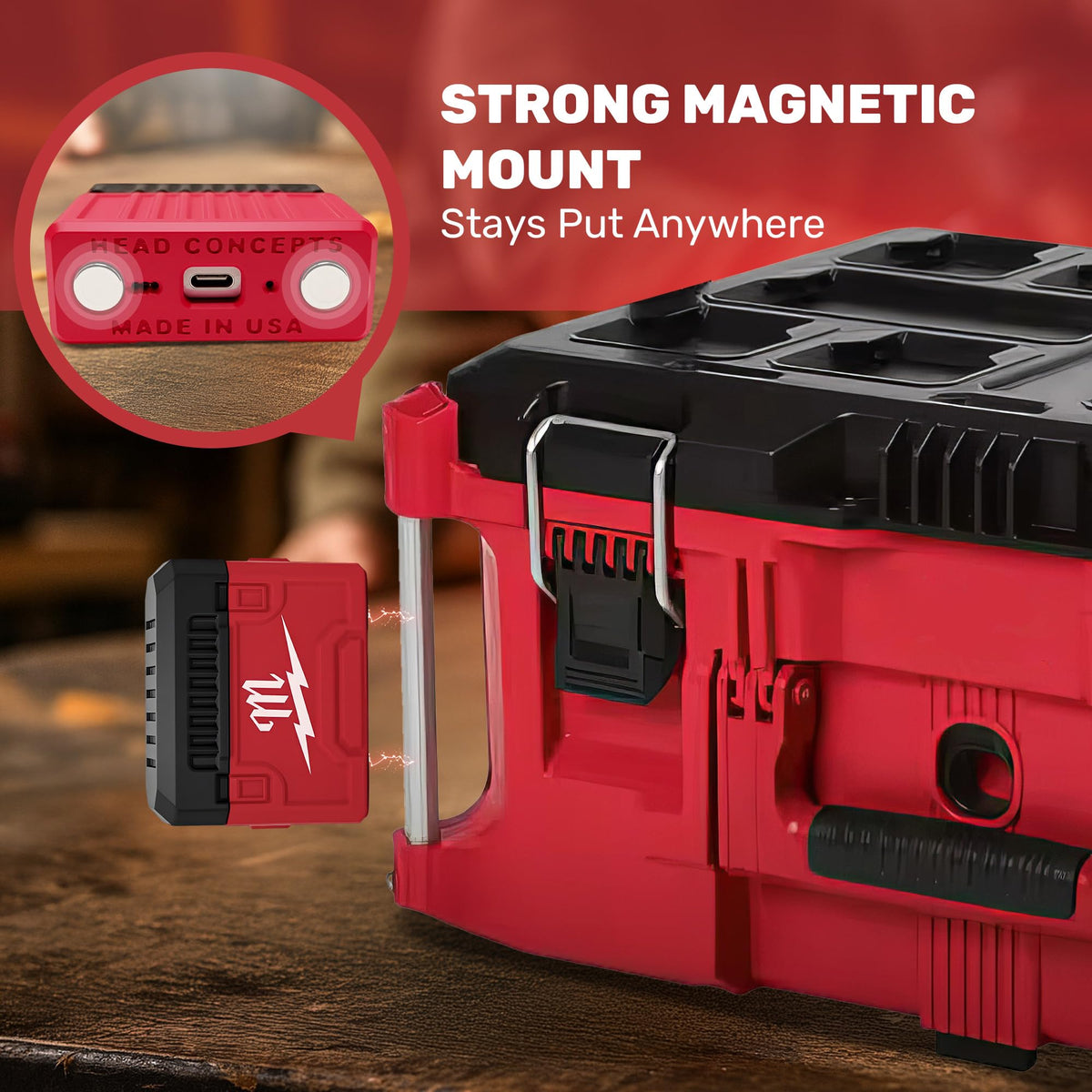 MODOUT magnetic base keeps the case attached to benches and tools.