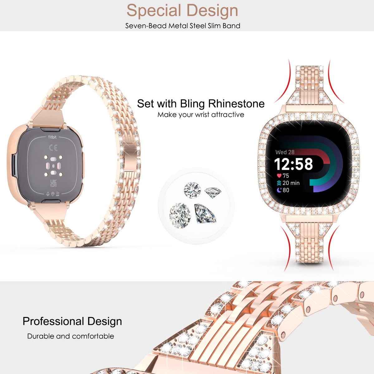 MOFREE seven-bead metal slim band design adds refined elegance to Versa 4 and Sense 2.