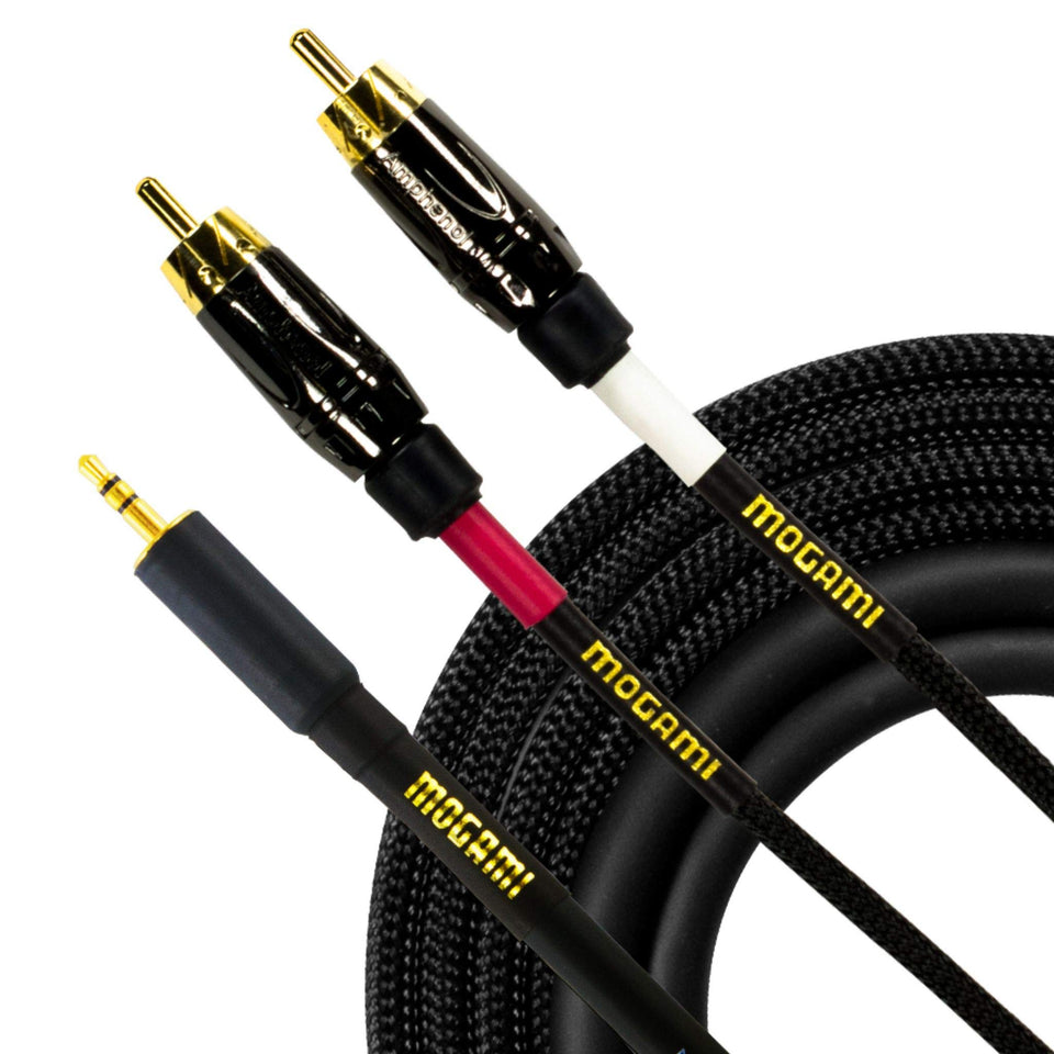 Mogami Gold 3.5mm TRS to dual RCA Y-adapter for clean stereo connections.