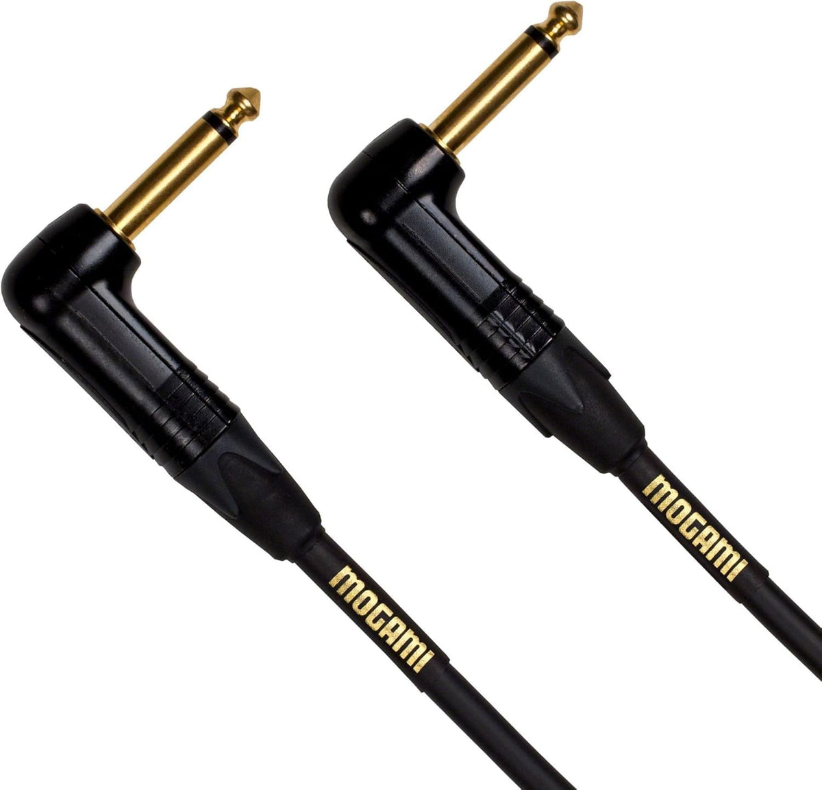 Mogami Gold instrument cable right-angle end close-up for pristine tone on stage.