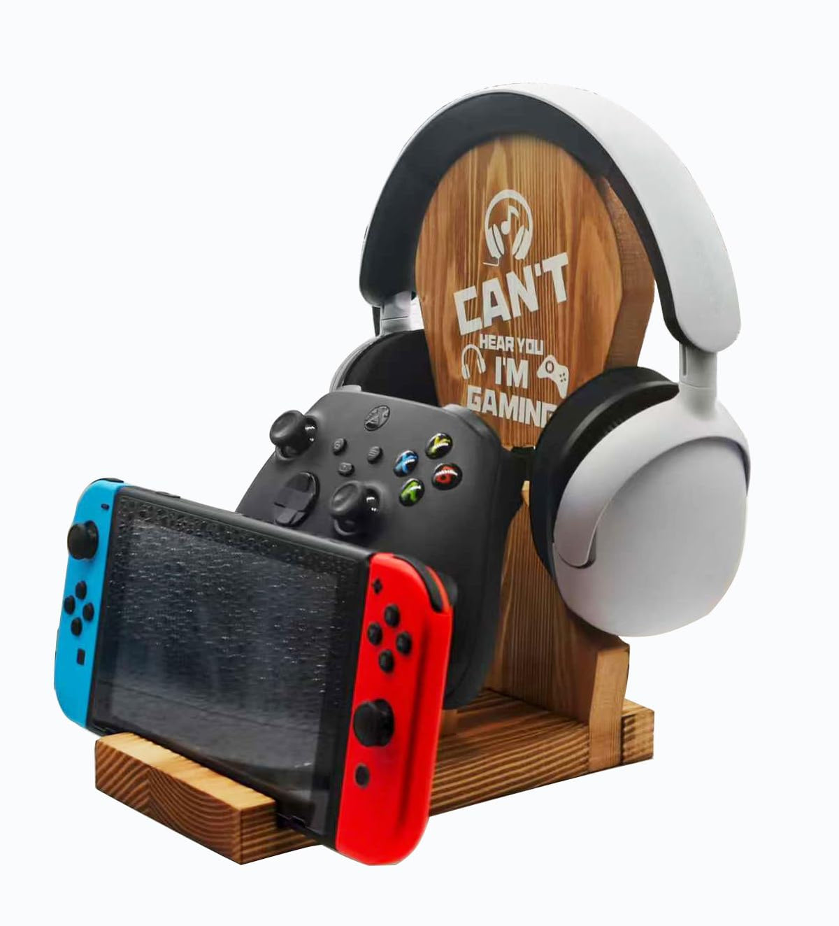 Moginno gamer headphone and controller stand in natural wood for a tidy desk.