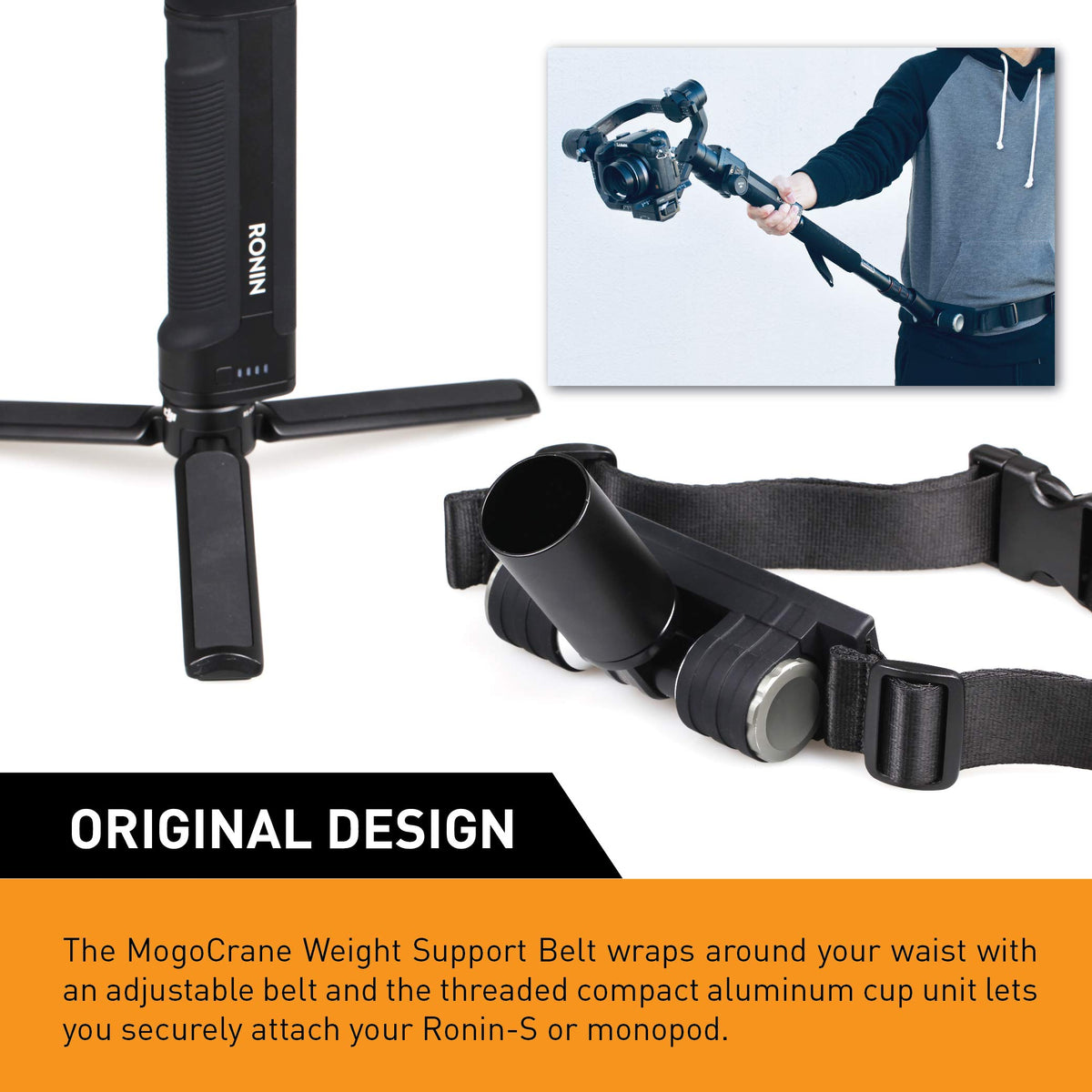 Mogopod belt next to gimbal showing size and ergonomic scale