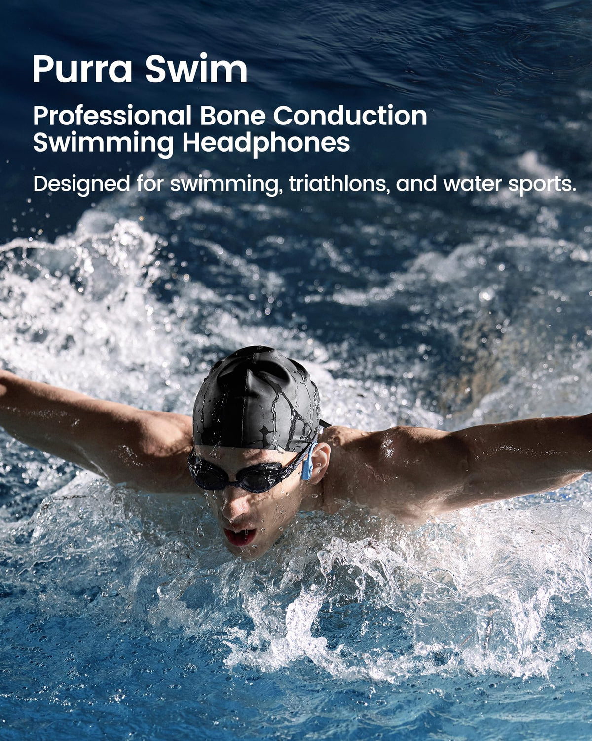 Mojawa Purra Swim headphones worn for open-ear listening during training sessions.