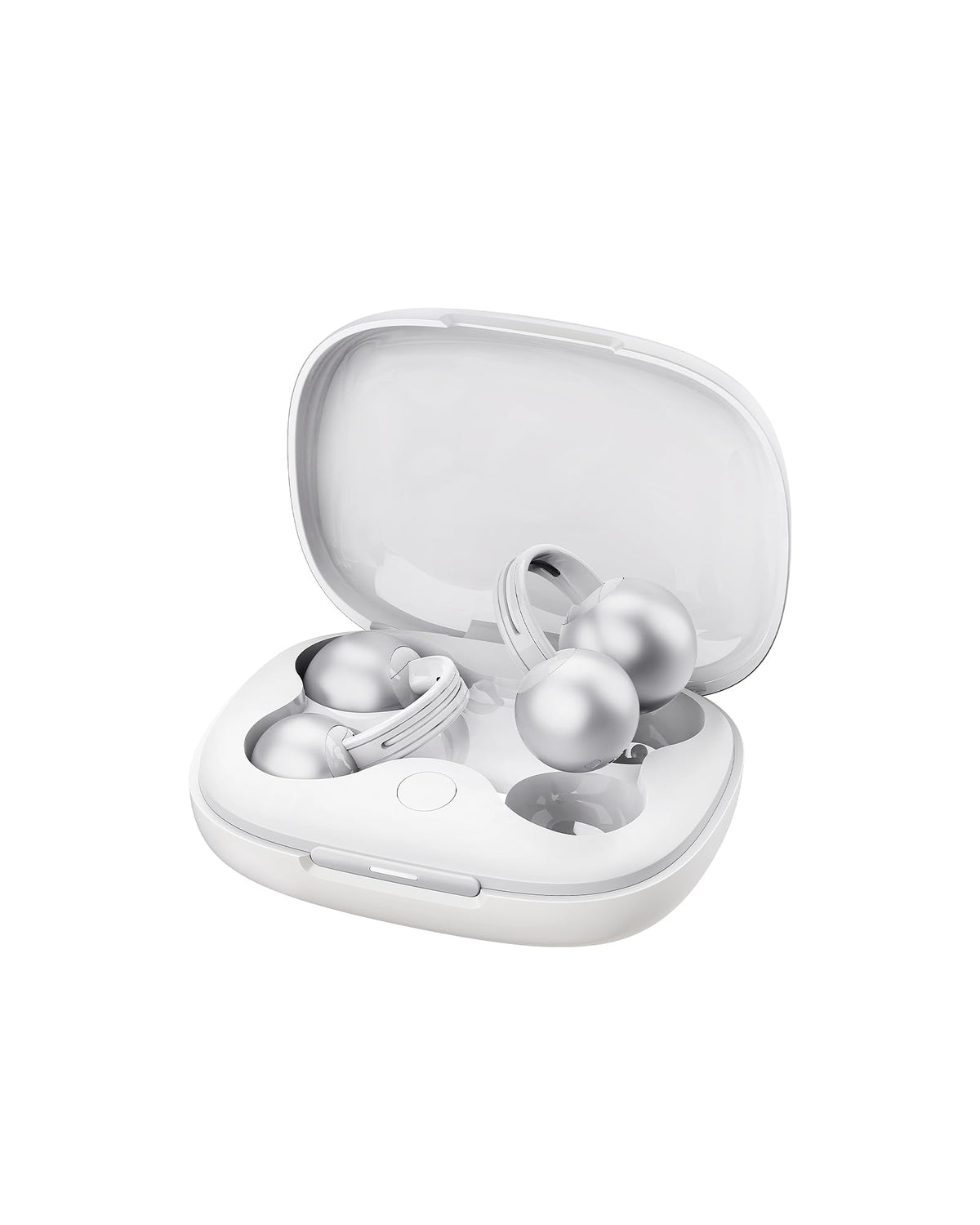 mojawa front view of StarClip earbuds showing sleek silver design and wearable benefit
