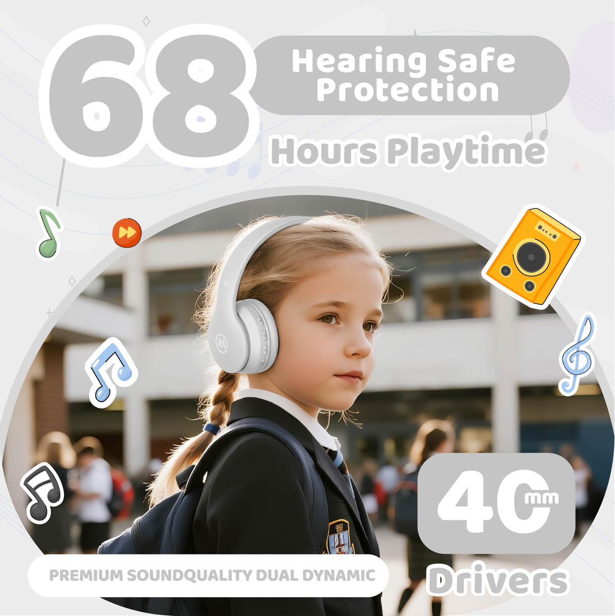 Mokata Kids Headphones in white demonstrate wireless and wired mode for versatile listening