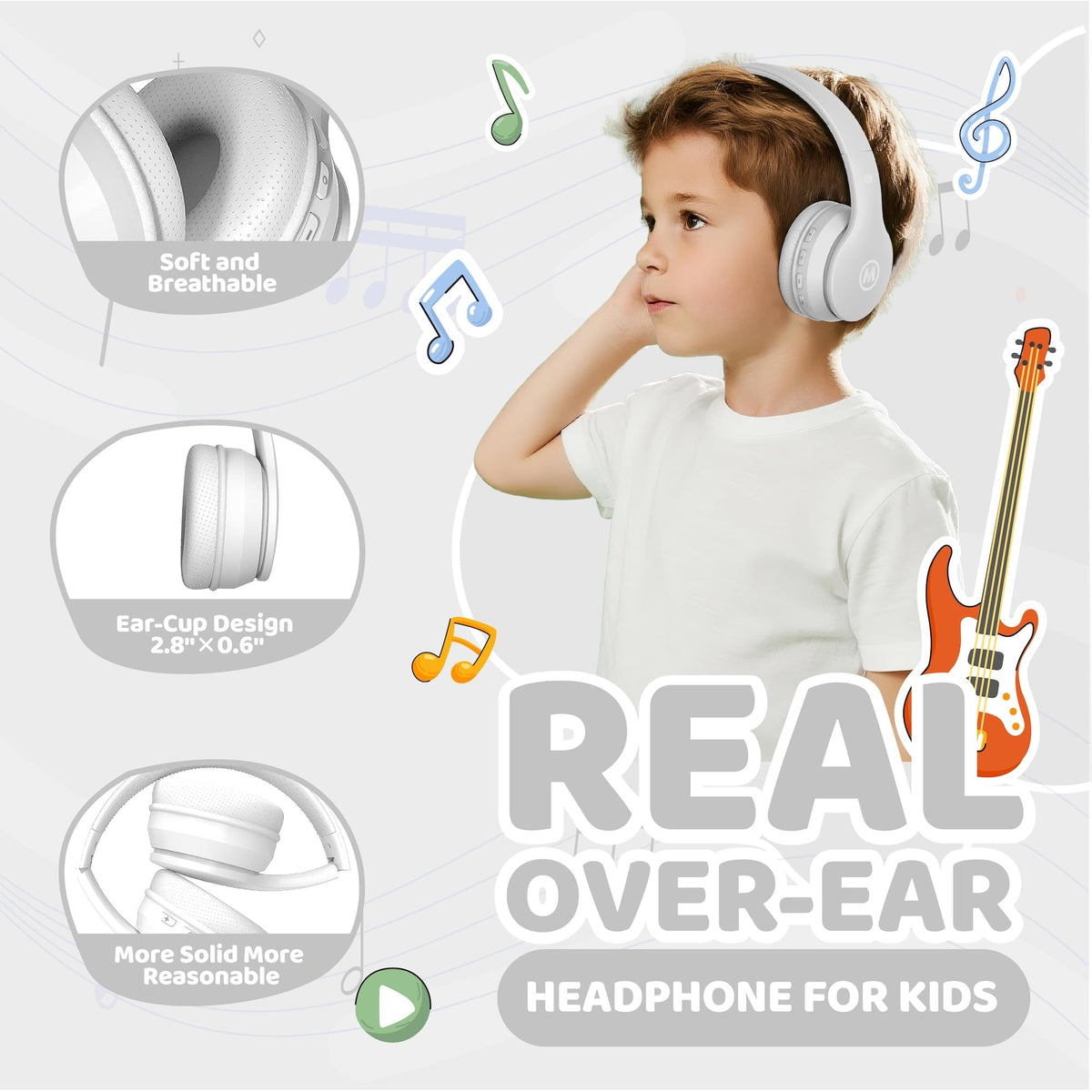 Mokata Kids Headphones white foldable headband for easy portability
