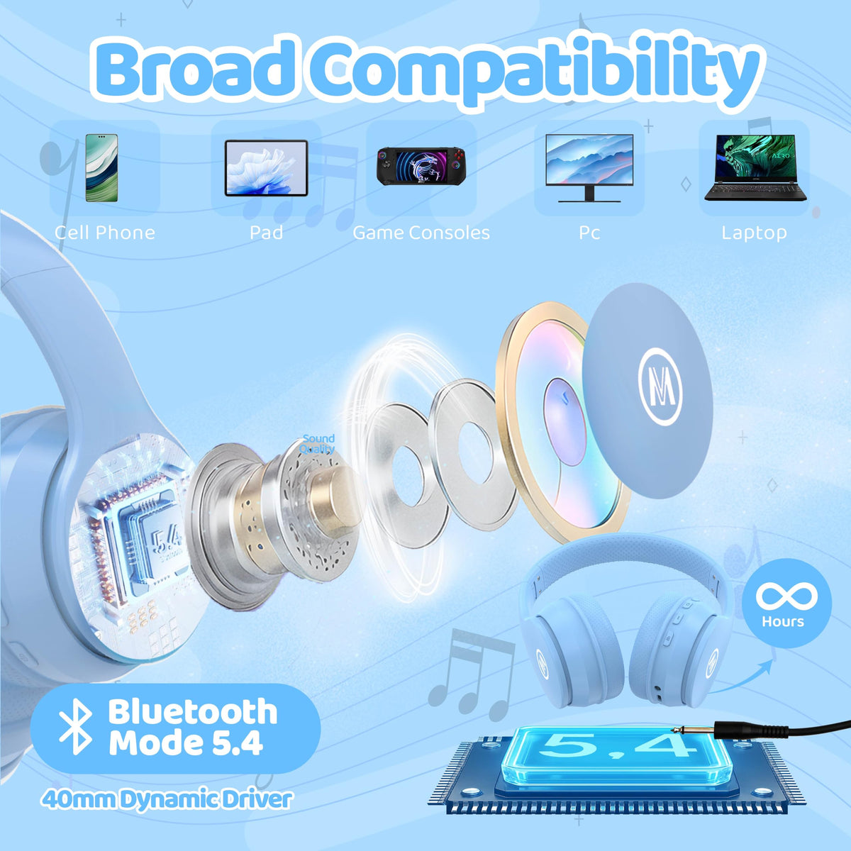 Mokata kids headphones offer 68 hours play time in blue