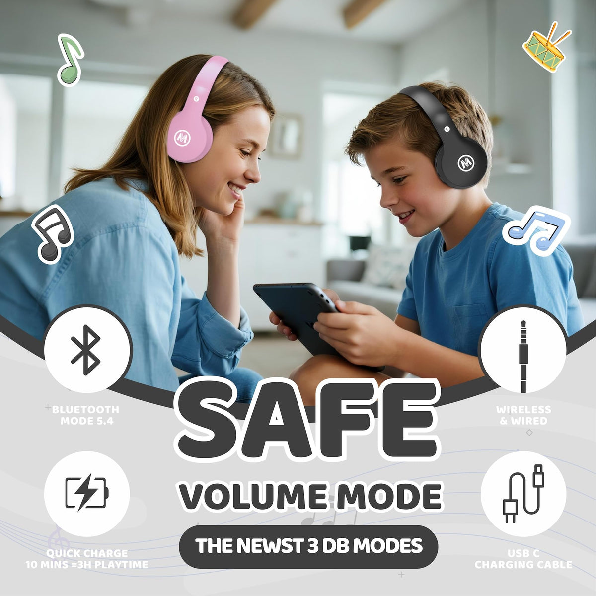 Mokata Kids Headphones adjustable headband ensures a secure, comfy fit for growing children.