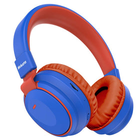 Mokata Kids Headphones blue on a child, demonstrating safe listening with volume presets.